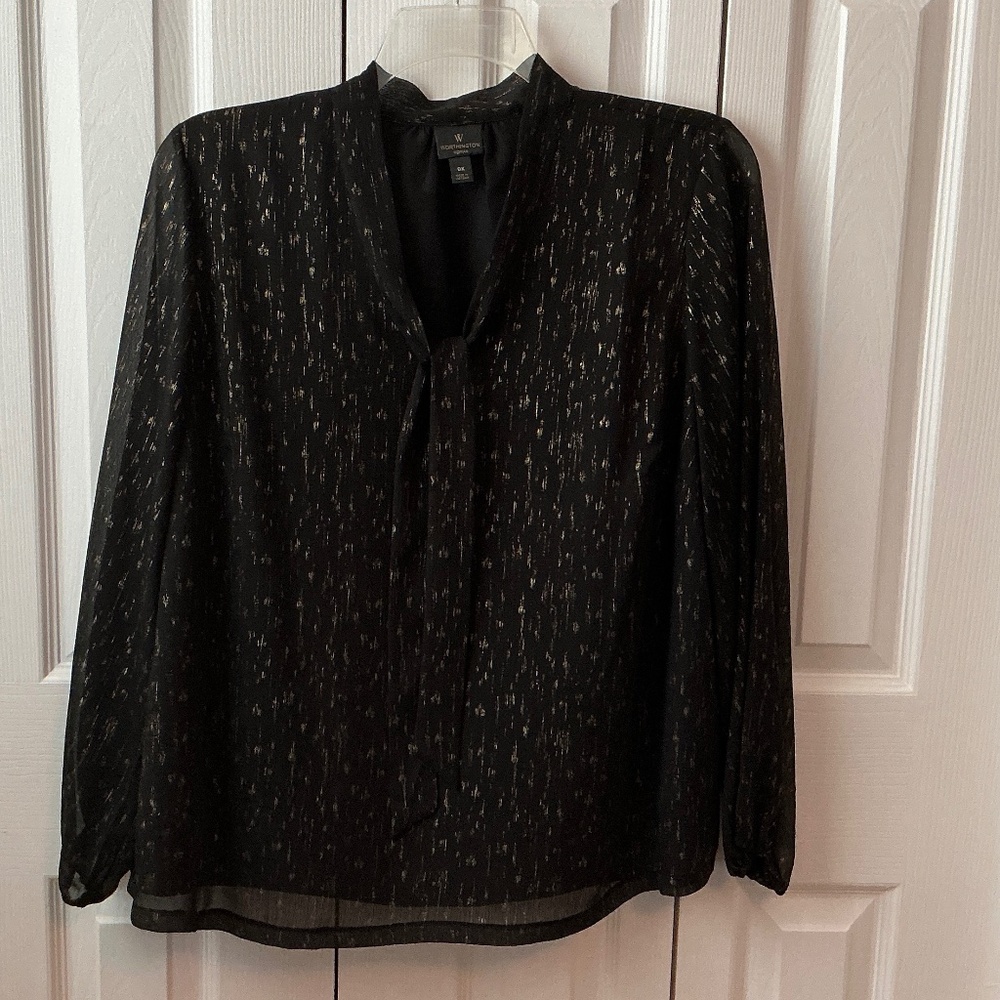 Women’s Black and Gold Dressy Tie Neck Blouse